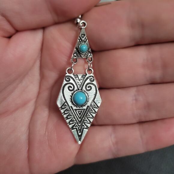 Boho silver tone synthetic turquoise aztec inspired diamond shape hook earrings - Picture 2 of 2